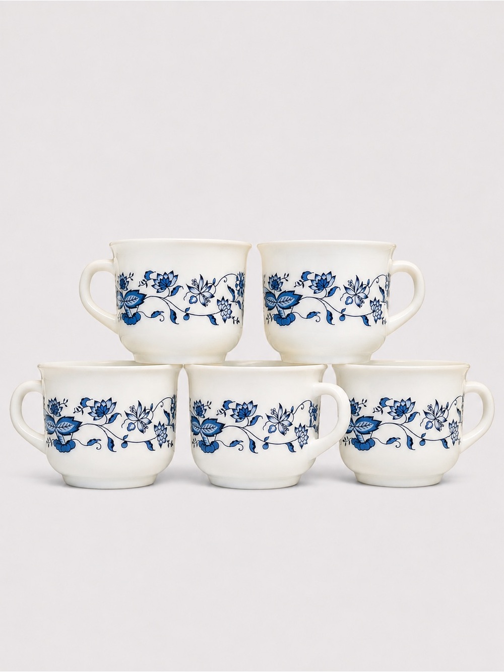Vintage Arcopal France Aster Blue Floral Milk Glass Cups Set of 5